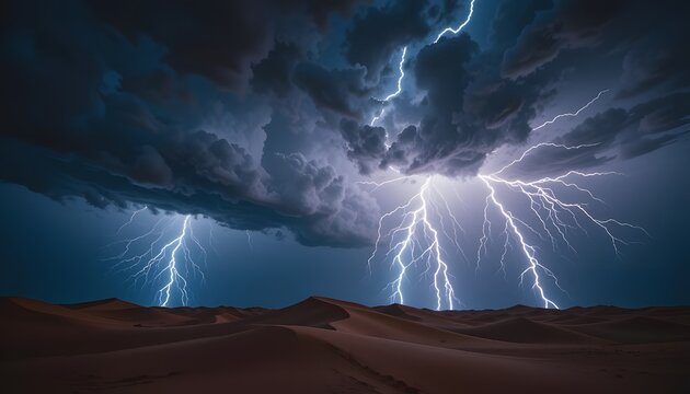 Thunderstorm with lightning bolts over desert dunes
