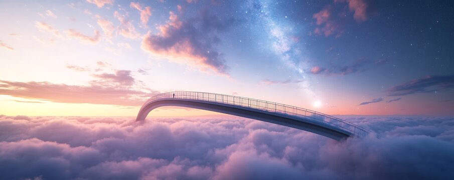 Product on Sky Bridge Floating Over Infinite Ocean of Clouds and Stars - pastel twilight blend with cosmic mist
