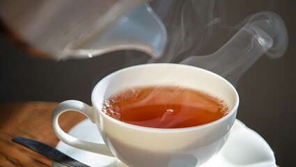 Steaming hot cup of black tea on a saucer with gentle steam rising