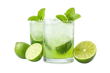 Refreshing mojito cocktail with lime slices and mint leaves on a white background.