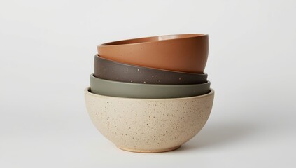 Stacked ceramic bowls create modern earthy kitchenware collection in neutral tones and simple design