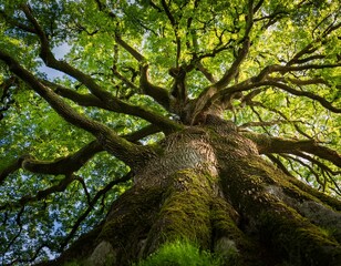 Fototapeta premium a large green tree with sprawling branches stands tall its leaves are lush and vibrant signifying life and growth