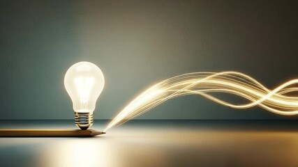 A light bulb atop a pencil with a glowing trail emanating from the pencil point on gray background - Powered by Adobe