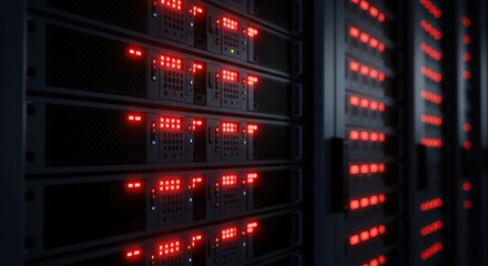 Rows of server racks with blinking red lights in a data center