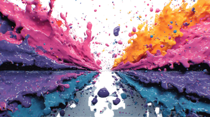 Vibrant splashes of paint in purple, pink, and orange create an energetic and dynamic visual flow.