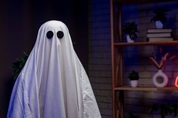 A person dressed as a ghost poses in a home setting.