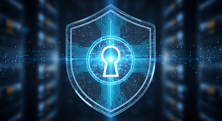 Shield with keyhole in digital cyber security concept