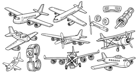 Line art sketch airplane set. Hand drawn doodle jet, biplane, and propeller, vintage engine parts. Transport icon set. Vector illustration