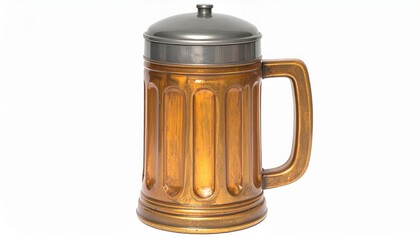 Wooden beer stein with handle, filled with golden lager, isolated on white, Oktoberfest rustic mug. Generated image
