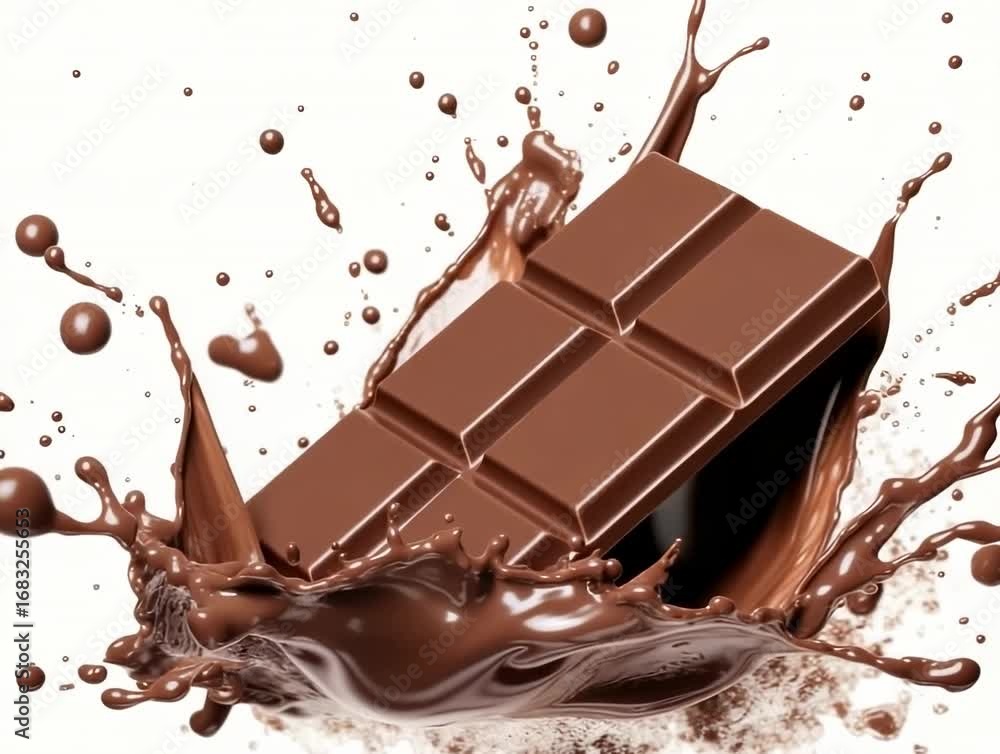 Poster chocolate bar splashes into rich liquid, creating a delightful dessert scene in a vibrant setting
