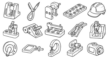 Line sketch tools, equipment, and safety helmet set. Hand drawn pen outline engineering instruments and gear elements. Vector illustration
