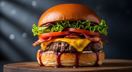 Delicious Burger Delight A mouthwatering delight of flavors, perfectly stacked with fresh ingredients