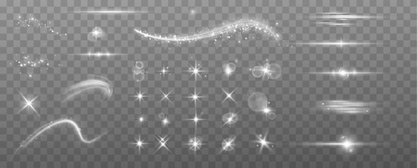 Fototapeta na wymiar Light effects.Wind glare, explosions, shine, dust, lines, solar flares, sparks, sequins, stars, curved curls. Glow special effect of light