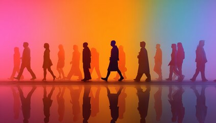 Fototapeta premium Silhouette crowd walking in colorful gradient