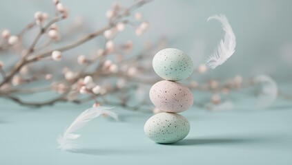 Pastel Easter eggs stacked beautifully against soft floral branches and delicate feathers for spring celebrations