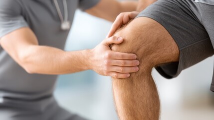 A physical therapist examines a patient's knee, demonstrating care and attention in a clinical setting focused on rehabilitation.