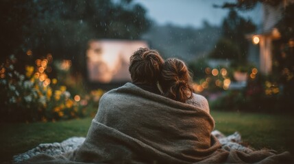 A cozy couple enjoys a movie night under a blanket, surrounded by nature and soft lights, creating a romantic ambiance in the rain.