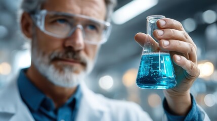 A scientist examines a beaker of blue liquid, showcasing a focused expression in a modern laboratory setting filled with equipment.