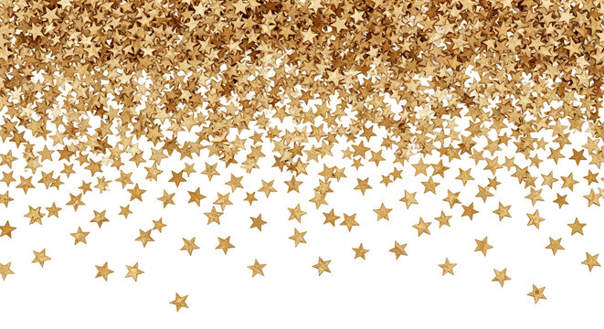 Golden stars scattered on white background, creating festive and celebratory mood, ideal for holiday designs or celebratory announcements, free space for text