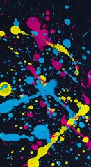 Abstract artwork featuring splatters of vibrant pink, yellow, and blue paint against a dark background, creating a dynamic and energetic composition.