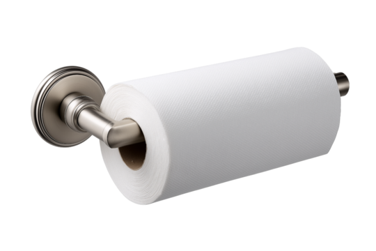 White Paper Towel Roll on a Brushed Nickel Holder kitchen isolated on a transparent background