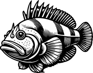 Detailed monochrome illustration of a fish with spiky fins and striped body in black and white style