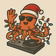 Funny vector illustration of a christmas DJ Octopus