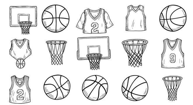 Sketch basketball hoop, ball, jersey element set. Hand drawn doodle sports sketch icon. Sport athletic shape scribble texture graphic illustration.