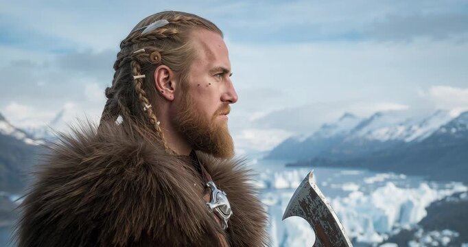 Standing lone warrior holding battle axe wearing fur cloak atop bluff overlooking fjord, copy space