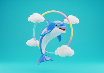 Joyful dolphin leaps through rainbow hoop surrounded by whimsical clouds on bright blue sky