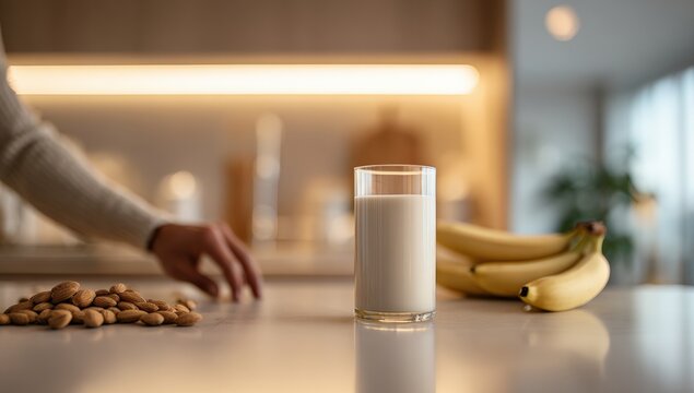 Almond milk and bananas on a kitchen counter