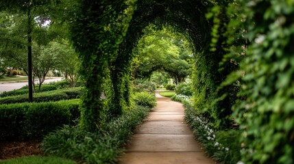 Obraz premium Paved walkway under lush green canopy