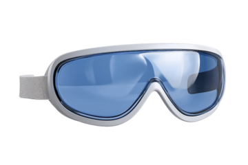 White framed ski goggles with blue reflective lenses isolated on a transparent background