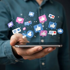 A man holding a tablet with a digital display of floating social media icons like 'like', 'follow', and 'share' buttons