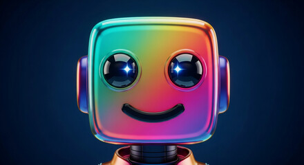 Rainbow-colored robot face, shiny metallic texture, cheerful expression, symbolizes technological advancement and friendly AI, suitable for tech or children's themes