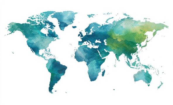 Watercolor world map, muted colors
