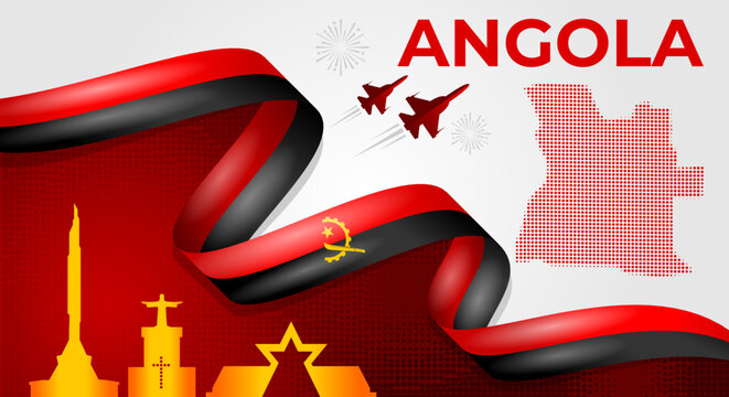 Angola Independence Day Celebration Banner with National Ribbon, Map, and Monuments