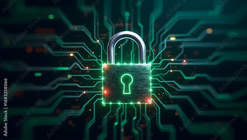Poster a digital padlock symbolizing network security and data protection in a futuristic design