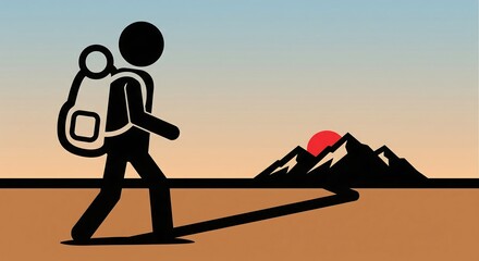 A black stick figure with a backpack walks across a desert landscape towards mountains with a red sun setting or rising in the background.
