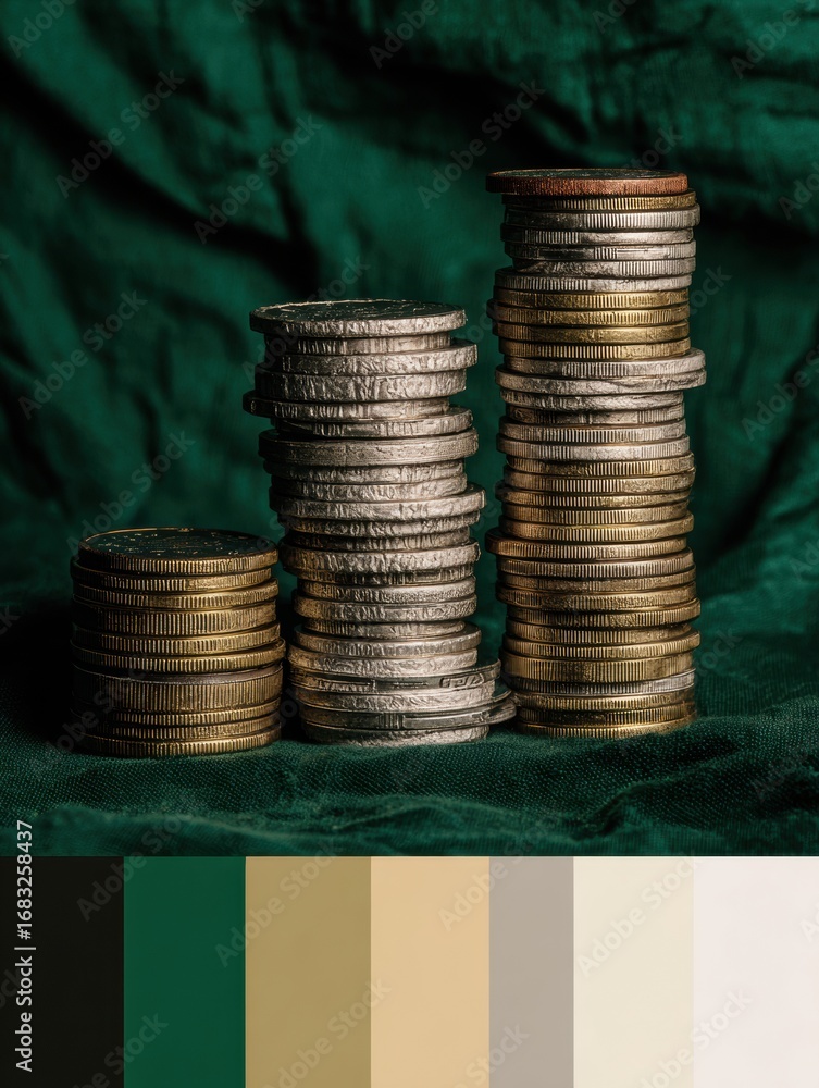 Poster multiple stacks of coins in different sizes and materials are arranged on rich green fabric, creatin