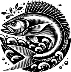 Fototapeta premium A detailed black and white illustration of a fish swimming in water with plant life around it