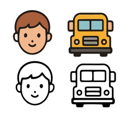 Adorable boy head and school bus icons, color & outline.
