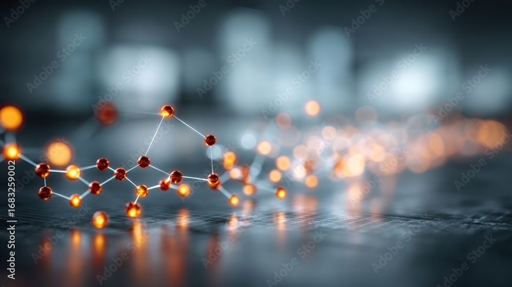Poster a close-up of a molecular structure with glowing nodes, set against a blurred background, suggesting