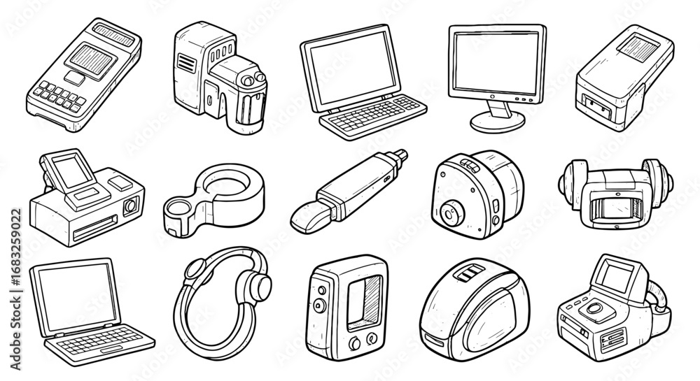 Poster sketch line tech device element set. hand drawn doodle computer, monitor, phone, camera object. pen 