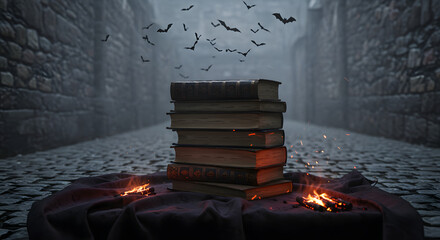 Mysterious stack of old books burning with flames in dark stone alley under foggy night sky creating eerie gothic atmosphere for haunting storytelling and suspenseful mystery