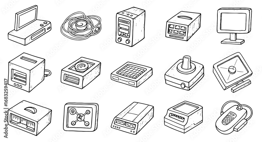 Poster doodle computer devices icon set. line art electronics sketch vector graphic. hand drawn vintage com