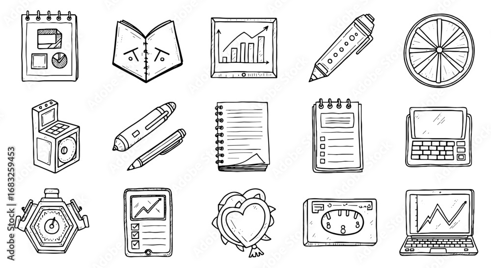 Poster line sketch notebook graph element doodle set. sketch laptop pen, gadget highlight mark line sketch 