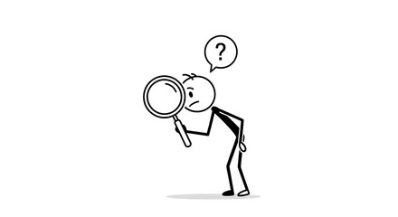 A stick figure character holding a magnifying glass, looking intently downwards, with a question mark above its head, symbolizing search, investigation, or confusion.