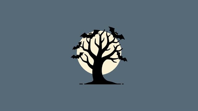 Creepy Halloween illustration of dark tree and bats under moonlight symbolizing eerie haunted forest