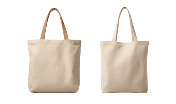 Two Natural Canvas Tote Bags with Different Handles isolated on a transparent background